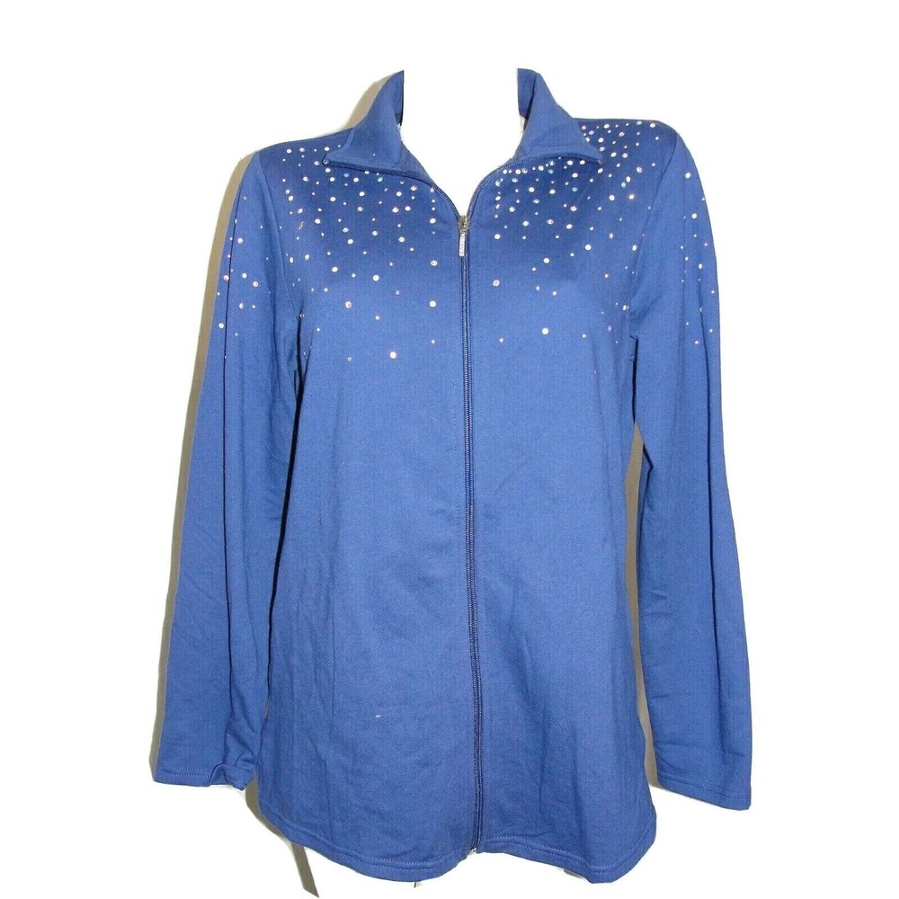 Quacker Factory Womens Blue Rhinestone Embellished Zip Front Jacket Size M